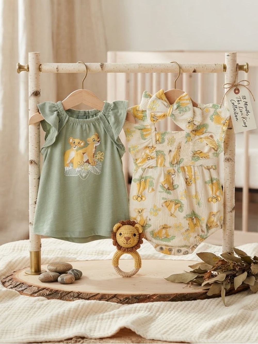 Disney Sage Green Lion Flutter Sleeve Top & Cream Lion Print Romper Set